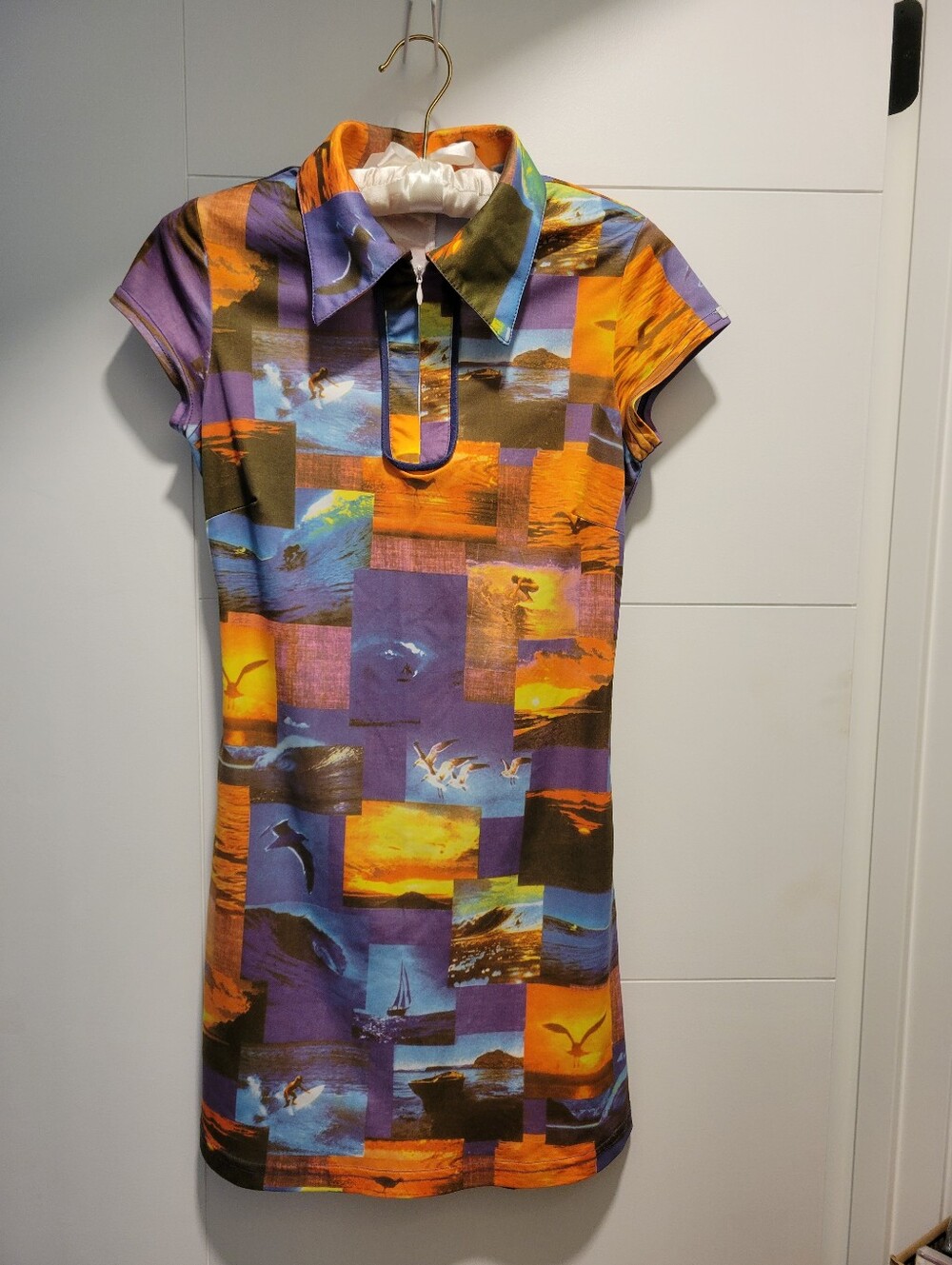 Vintage Roxy Sunset and Surfer Patchwork Polo Dress in Purple, Orange & Blue